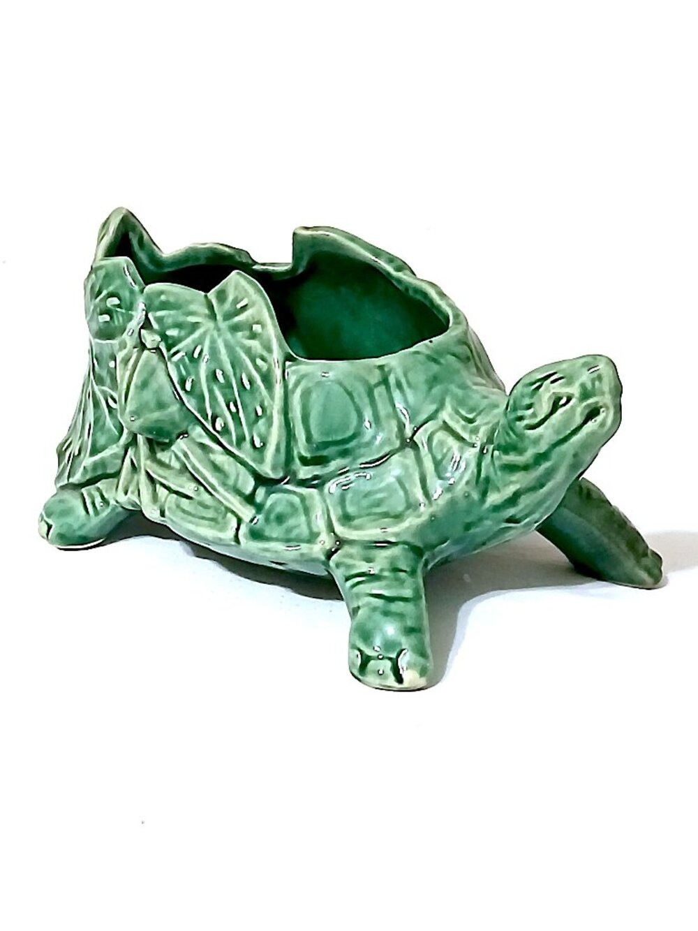 Vintage McCoy Style Green Turtle Planter Ceramic Pottery Tropical Leaf Vase 8.5”